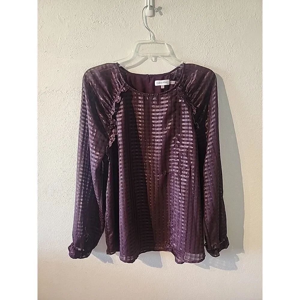 Calvin Klein Top Shirt Women Size M Purple Lightweight Thin Long Sleeve Sheer